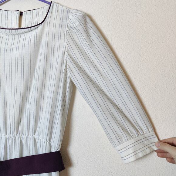 Vintage 70s White Brown Stripe 3/4 Sleeve Cottagecore Prairie Peasant Dress M/L - Picture 4 of 14